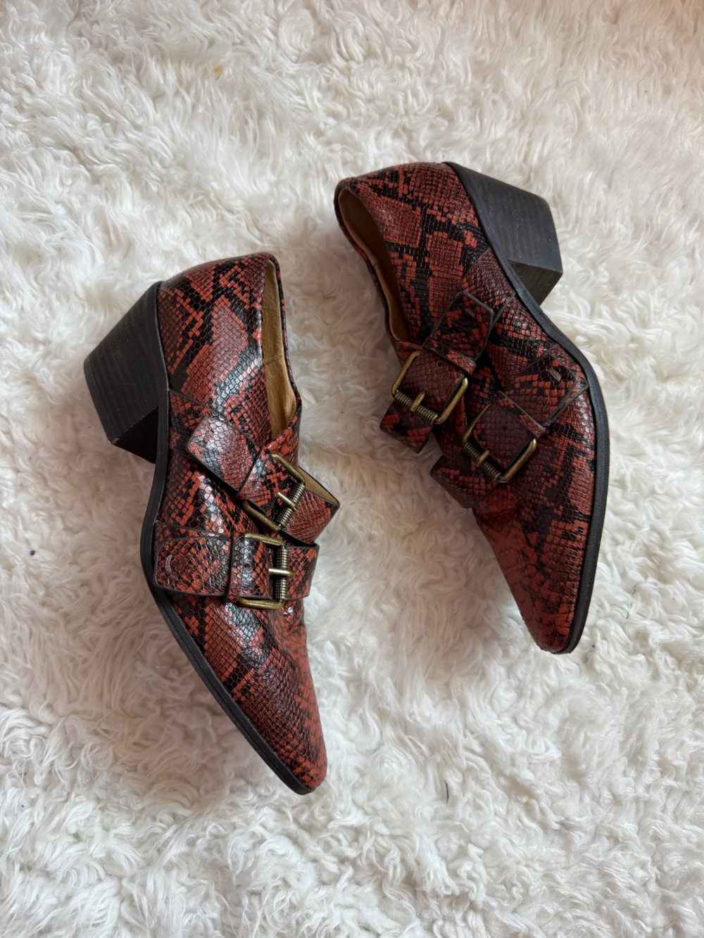 Splendid Red Snake-Print Buckle Heeled Booties 7.5
